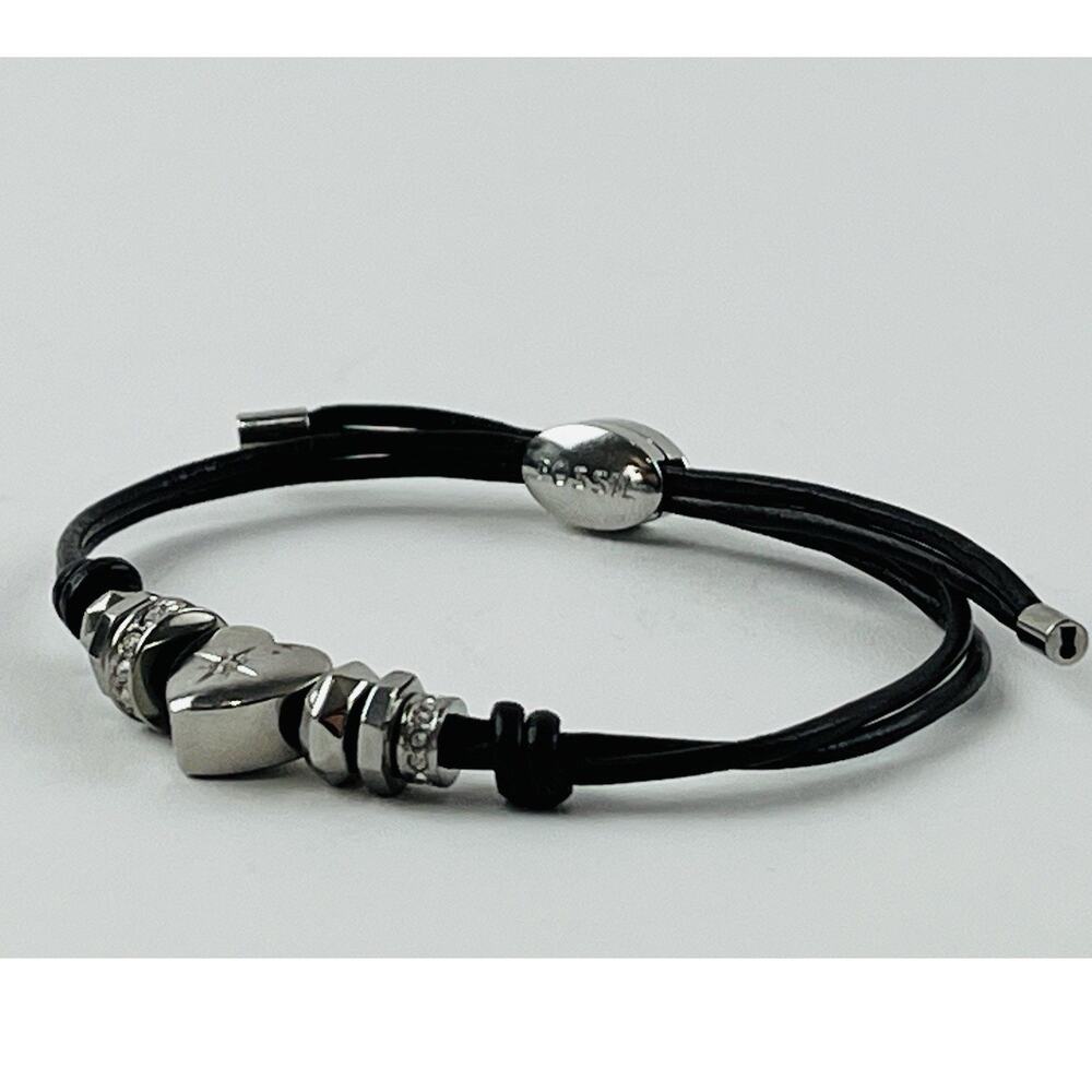 Fossil Boho Heart Silver Beads Brown Pull Cord Bracelet Adjustable Rhinestones